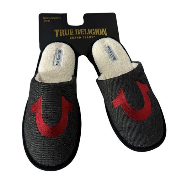 NWT True Religion Slippers Men's Black Slip on Size Small (7-8) - Picture 1 of 4